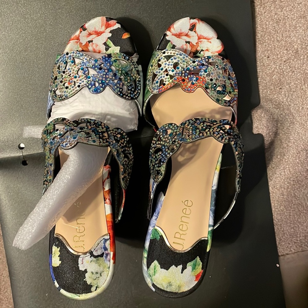 J Renee Shoe size 8 with crystal embellished floral design, 4 inch wedge